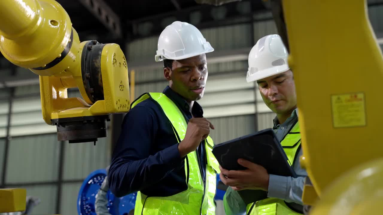 非裔美国工程师、白人技术员在焊接工厂用平板电脑检查机器人机械臂视频素材