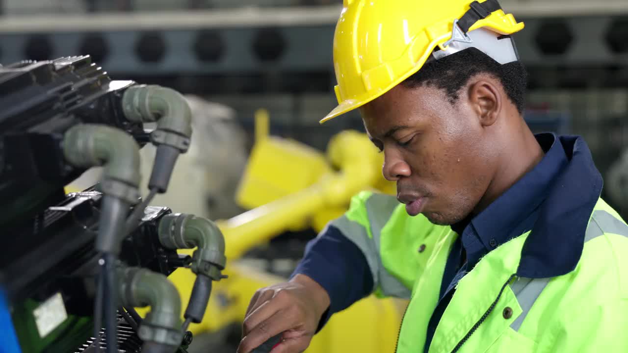 非裔美国工程师、技术员在焊接工厂用螺丝刀检查机器人机械臂视频素材