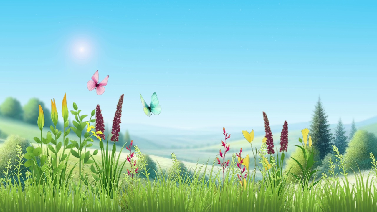 阳光明媚的春天草地上蝴蝶飞舞。2D视频循环动画舒缓环境。视频下载