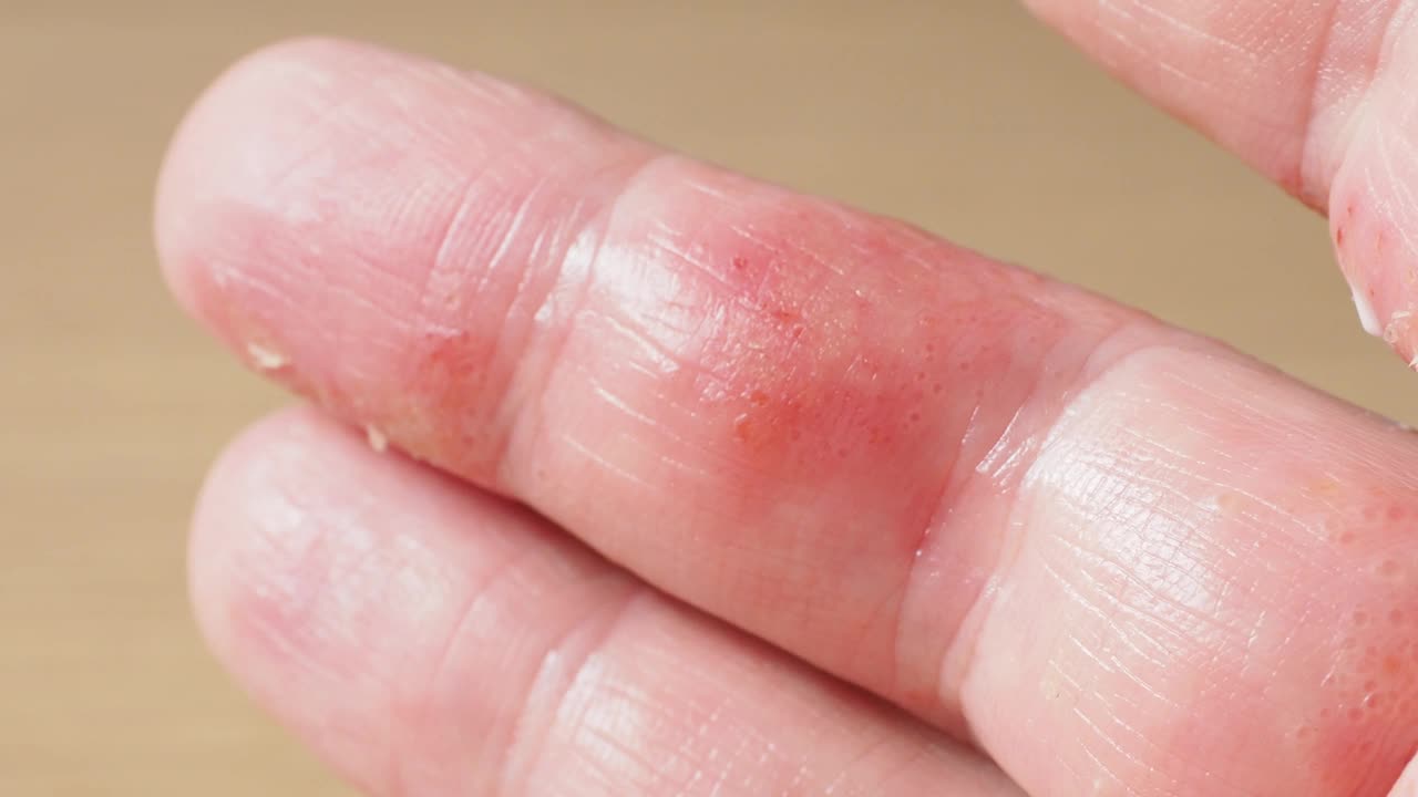 用护手霜涂抹手指上的特应性皮炎湿疹视频下载