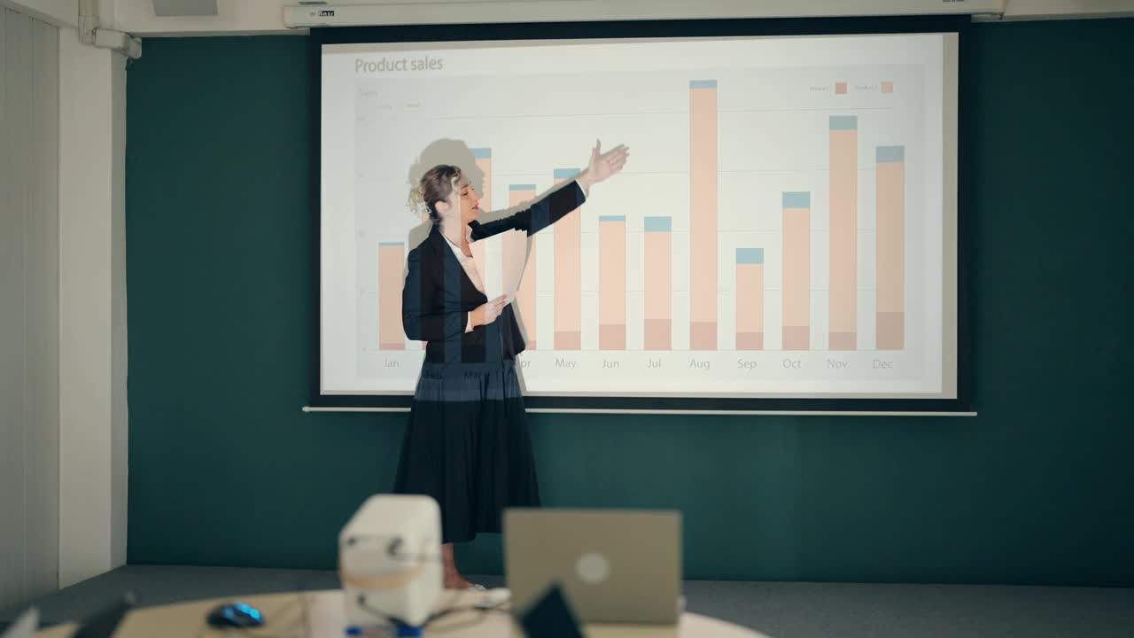 专业女性主持大屏幕动态数据金融研讨会-企业培训与商业成功。视频素材
