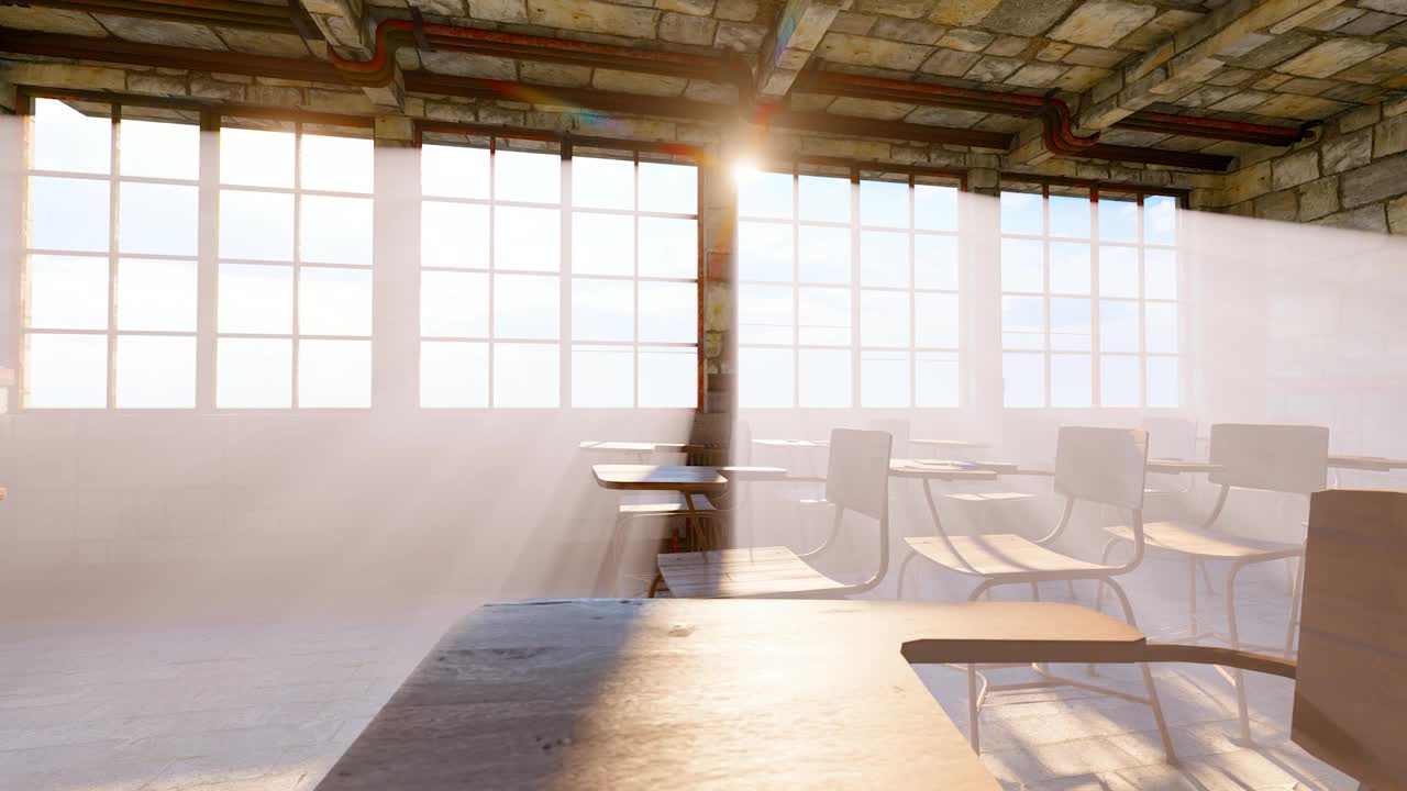 阳光照进空荡荡的、被遗弃的旧教室视频下载