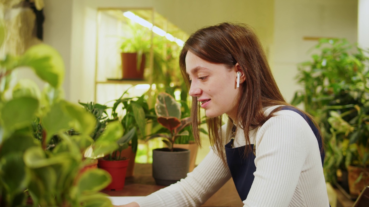 花店女用笔记本电脑视频通话。有虚拟会议的温室工人，女植物学家，小企业主。园丁在花店，植物店工作。视频下载