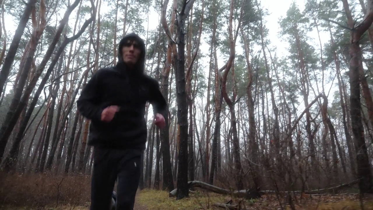 运动的男性跑步者沿着秋天森林的小路慢跑。年轻的运动员沿着林地的小路奔跑。强壮的运动员在下雨天锻炼。健康积极生活方式的理念。慢动作视频下载