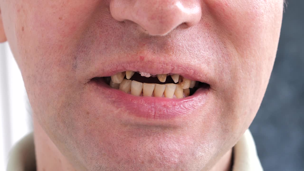 详细特写的男性口腔与不健康和受损的牙齿，不良的牙齿健康观念视频下载