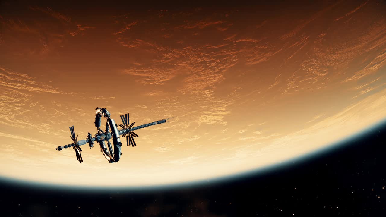 新的大型空间站飞越红色星球视频下载