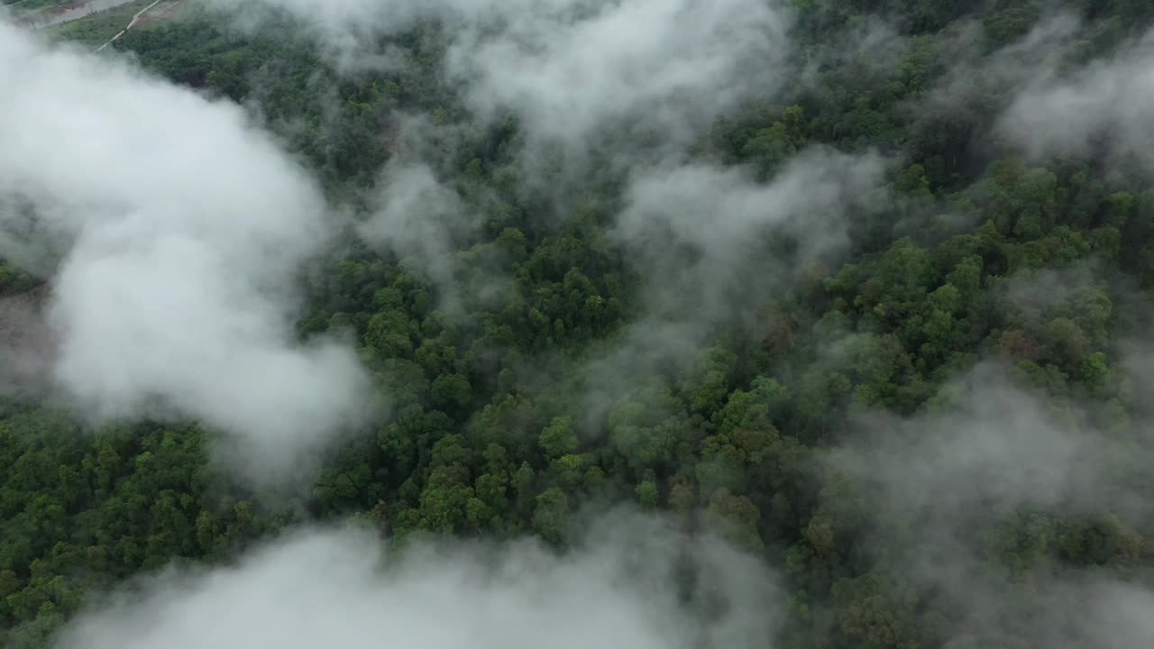 云层笼罩着山脉和郁郁葱葱的热带丛林，在亚洲，老挝，卡穆内，朝他克，一个多云的日子。视频下载