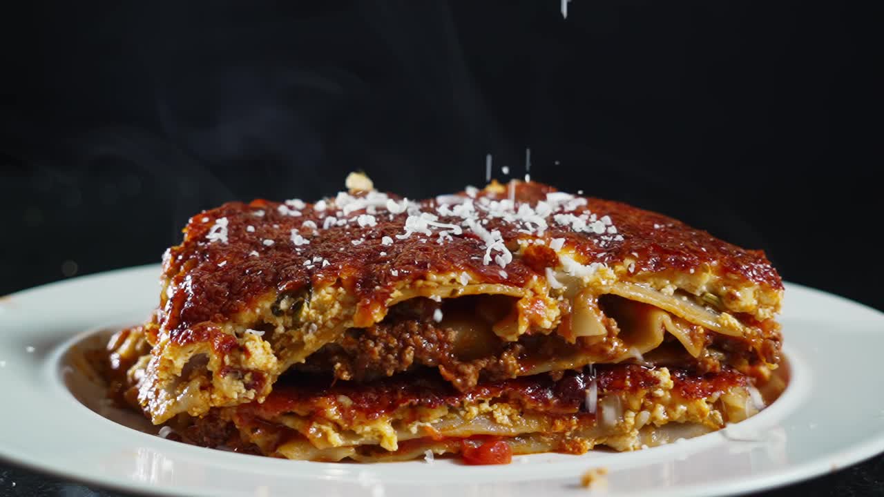 新鲜的帕尔马干酪以慢镜头落在滚烫的千层面上。视频下载