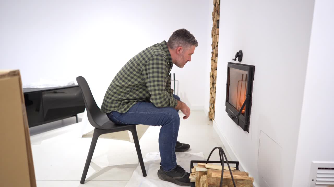 一个白种人在他家的壁炉里放了一根木头视频下载
