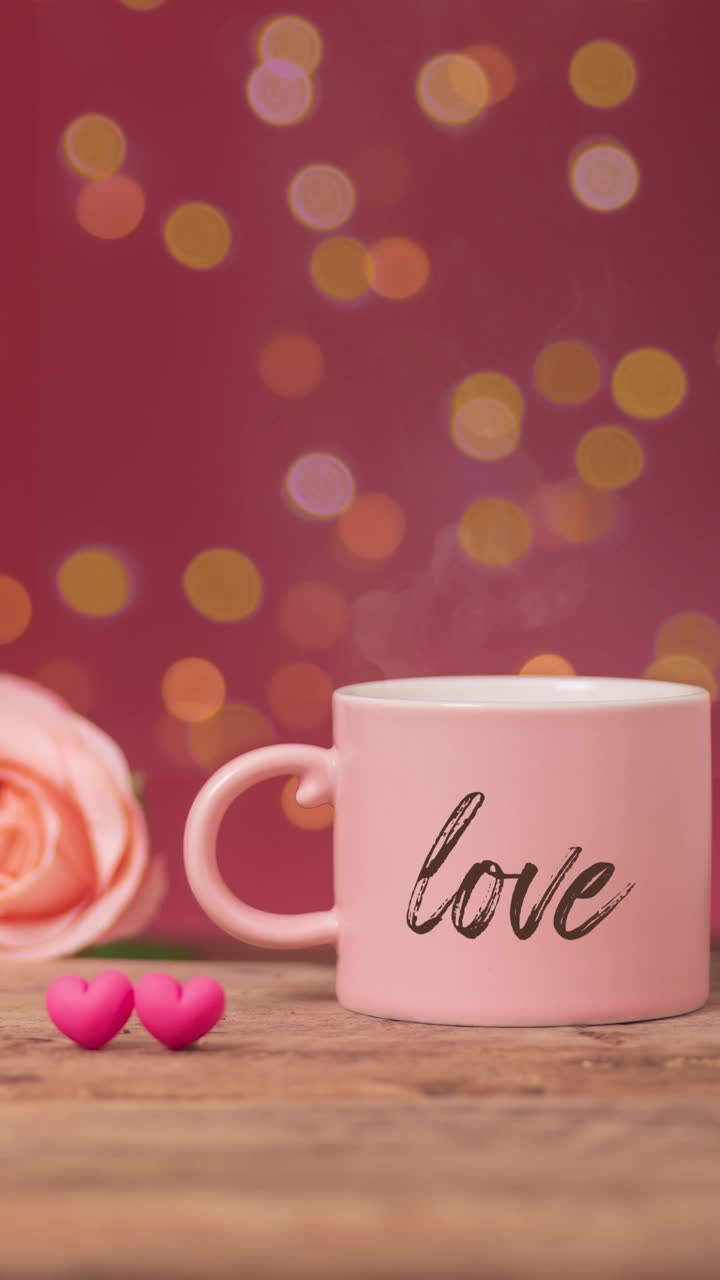 粉红色咖啡杯里用烟熏的热饮，旁边写着“爱”字，木桌上并排摆放着玫瑰和两颗小心，背景上散焦的散景光。浪漫的爱情关系视频下载