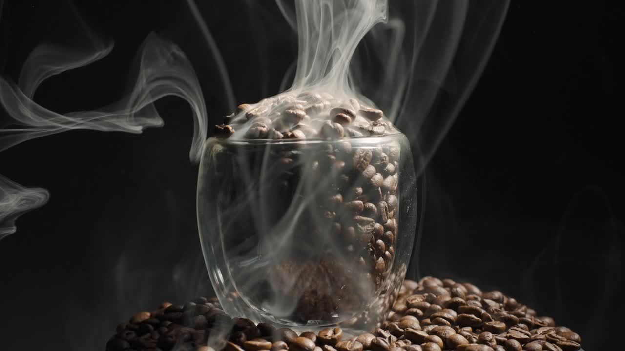 芳香的咖啡豆在杯子里旋转。一堆带烟的咖啡豆视频下载