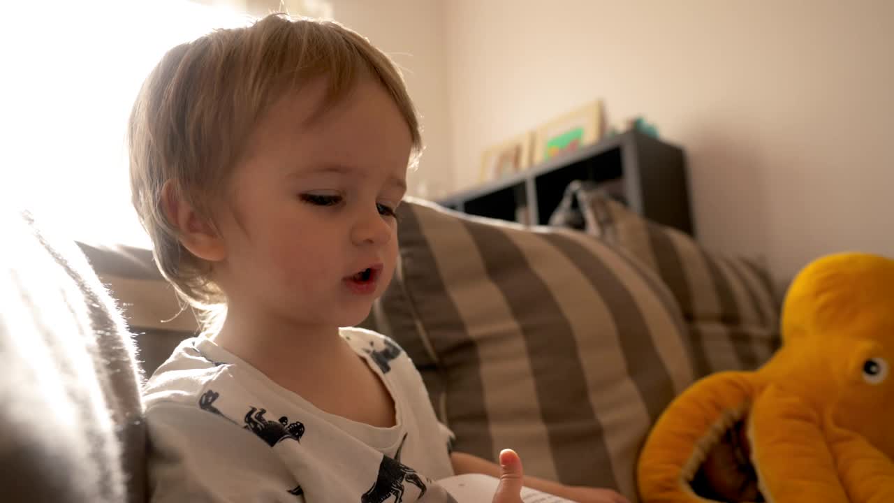 小男孩在沙发上玩毛绒玩具视频下载