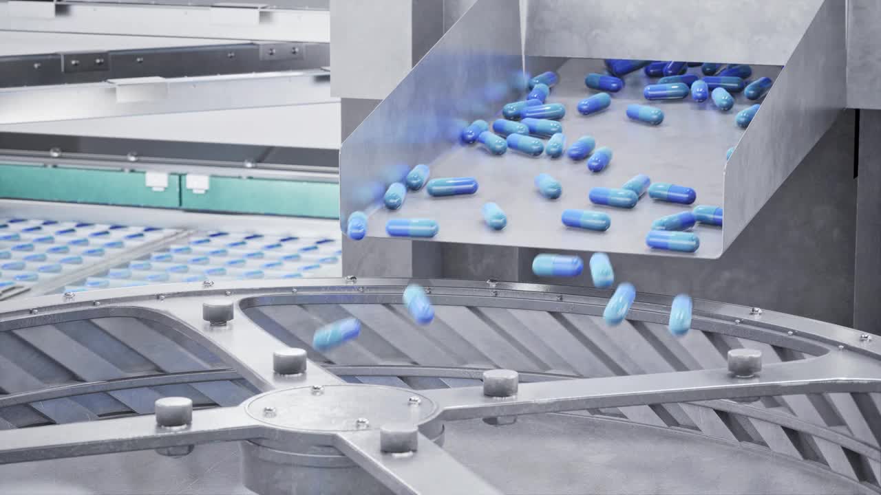 片剂和胶囊生产工艺概念与药品生产线特写镜头- 4K分辨率视频下载