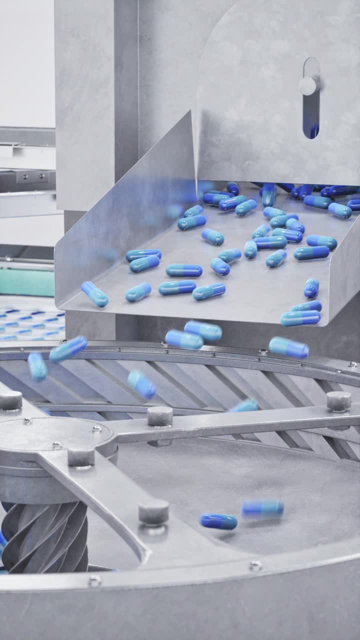 胶囊在传送带上移动在现代制药厂- 4K分辨率视频下载