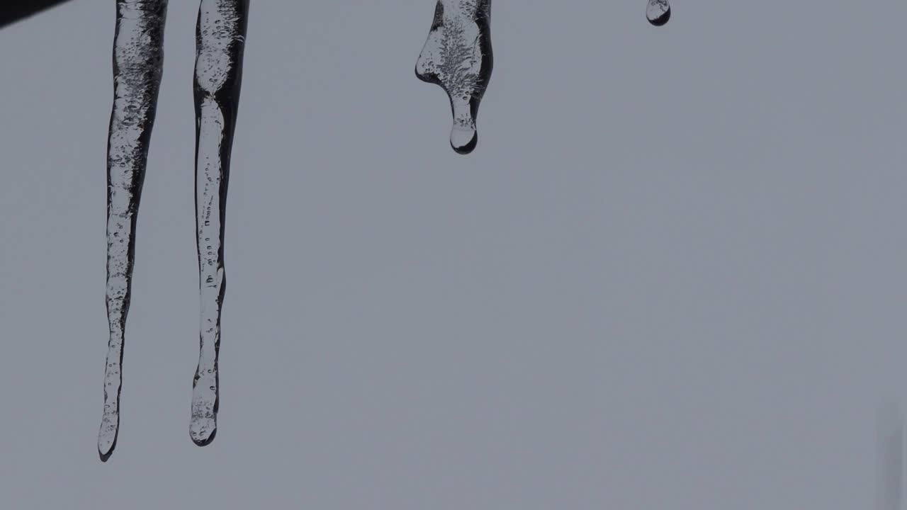 冰柱的特写与水滴。融化的冰柱。巨大的冰柱视频素材