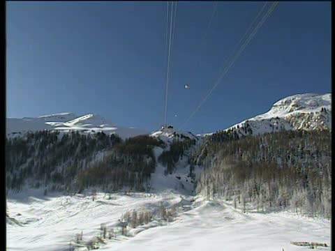 缆车在白雪皑皑的地面上向白雪皑皑的山峰和蓝天下的树木行驶视频下载