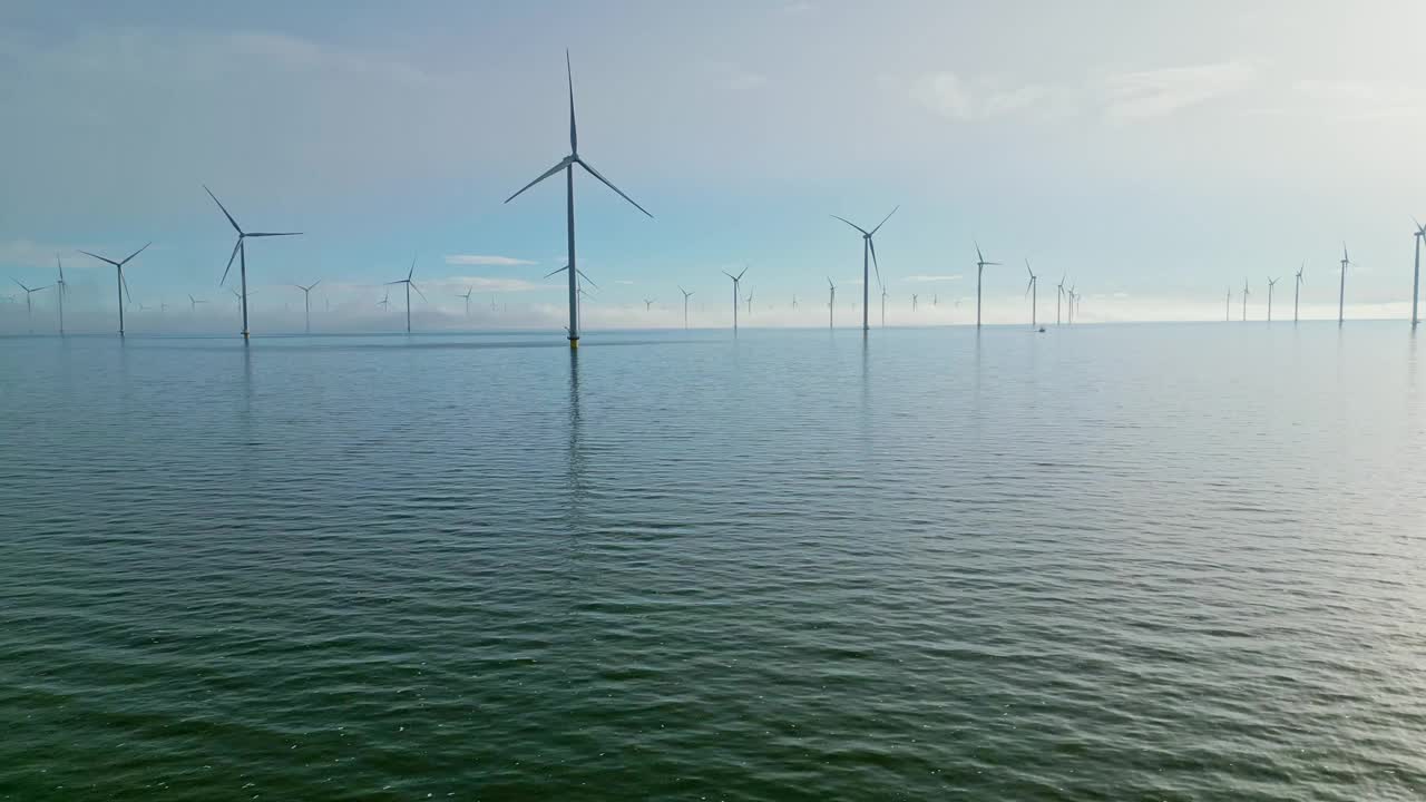 艾瑟米尔湖风车农场有雾，可持续发展，可再生能源视频下载