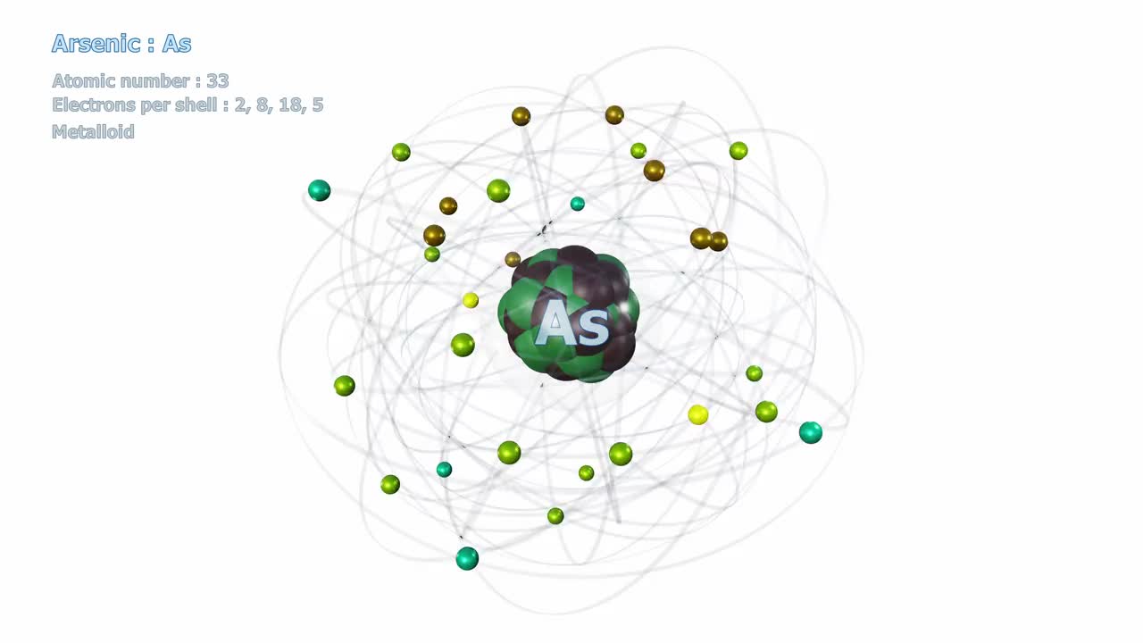 砷原子在白色上有33个电子在无限轨道旋转视频素材