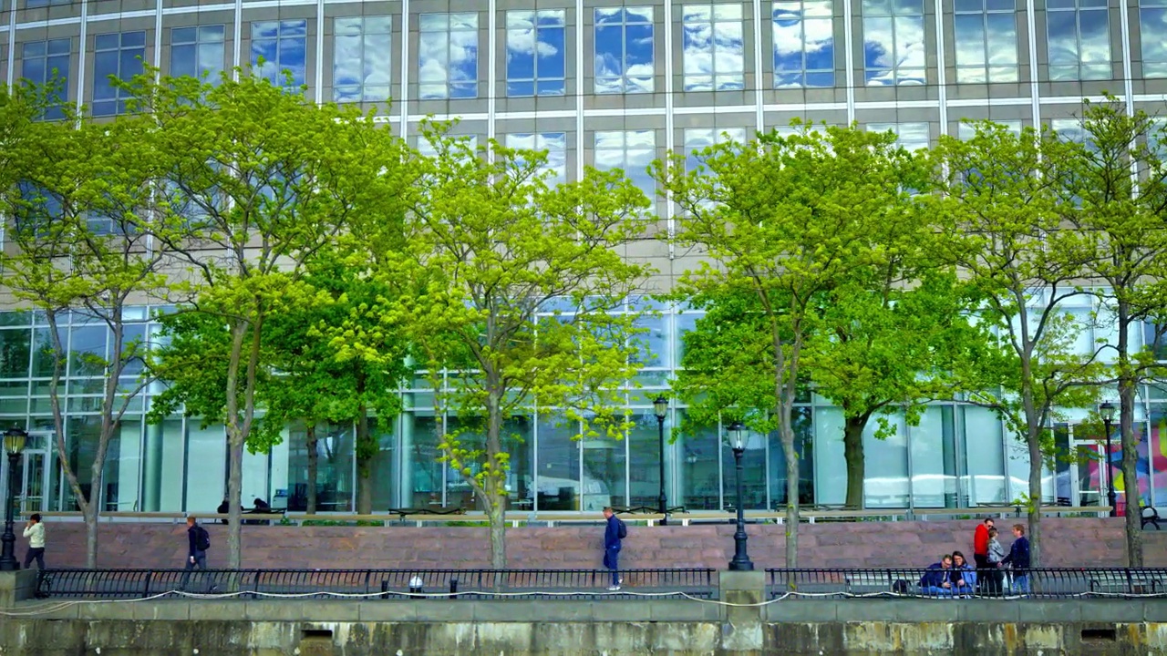 曼哈顿金融区河滨。办公楼，树木和行人。视频下载