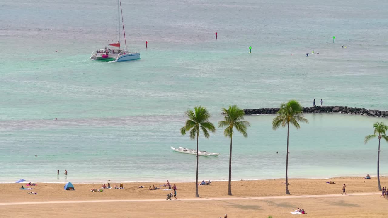 风景秀丽的檀香山海滨与棕榈树和绿松石水在4k慢动作60fps视频下载