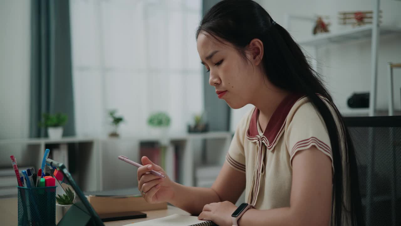 快乐的年轻亚洲女性坐在办公桌上写笔记，同时在家里用平板电脑进行在线学习。视频下载