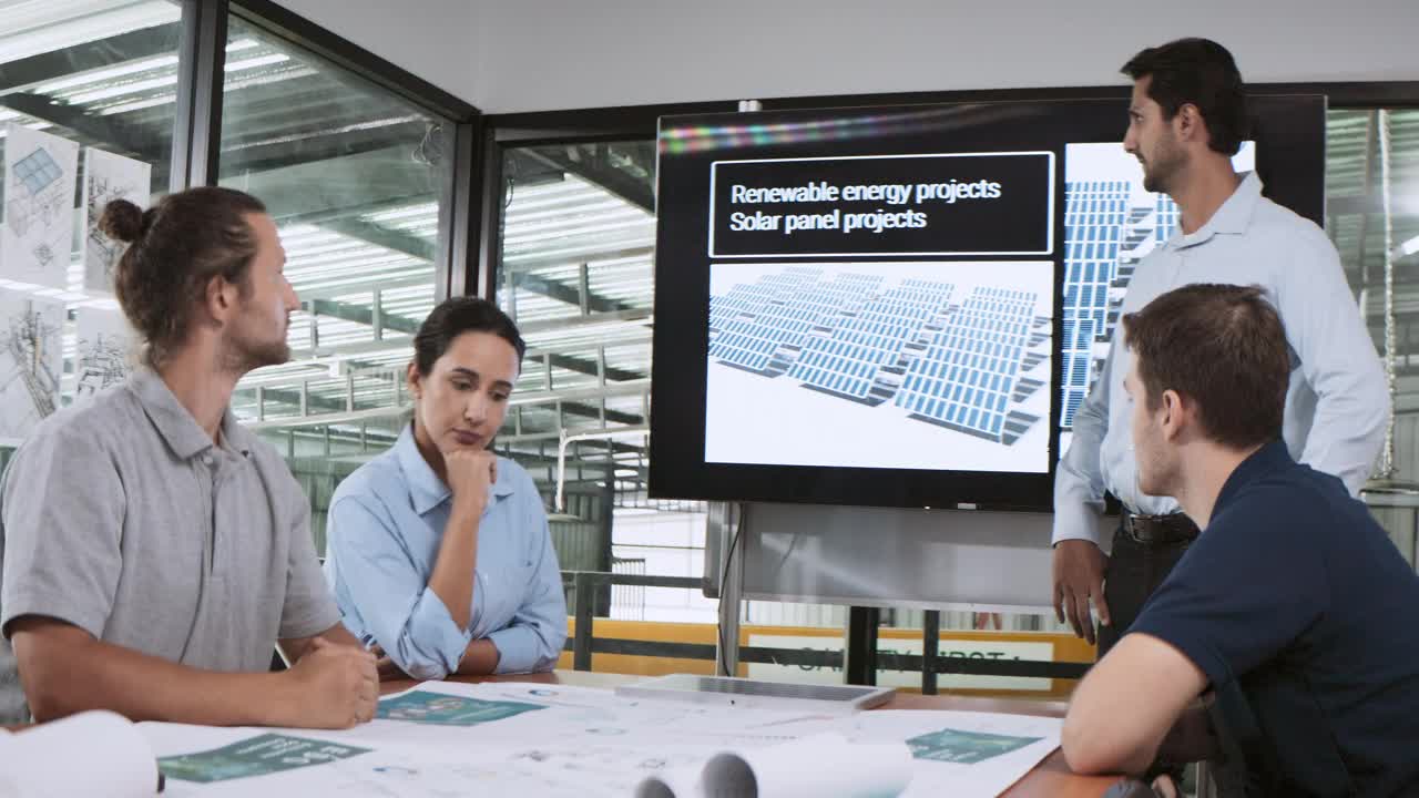 在工厂办公室召开工程师团队头脑风暴会议。介绍ESG项目规划、太阳能电池板、风力发电、环境可持续能源效率。工业企业视频下载