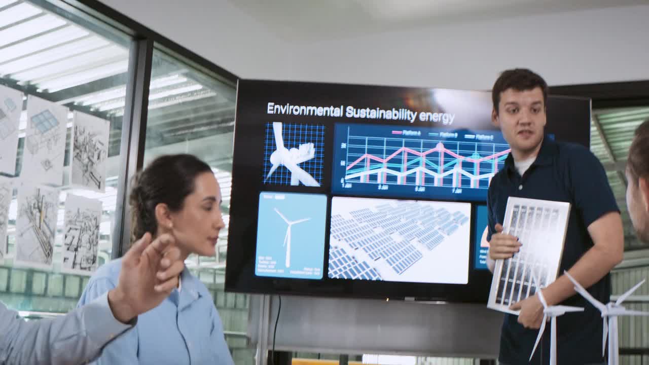 在工厂办公室召开工程师团队头脑风暴会议。介绍ESG项目规划、太阳能电池板、风力发电、环境可持续能源效率。工业企业视频下载