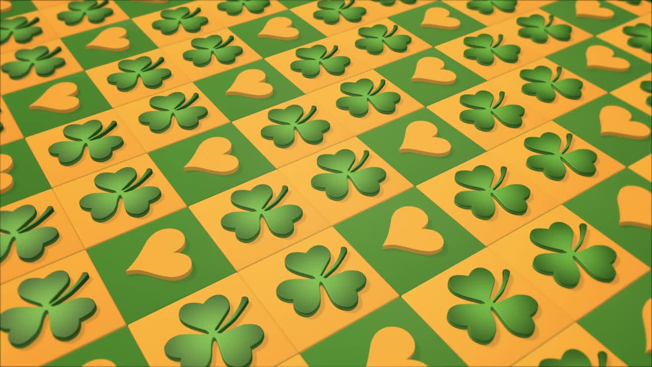 圣帕特里克节图案与三叶草和心在一个无缝的循环视频下载