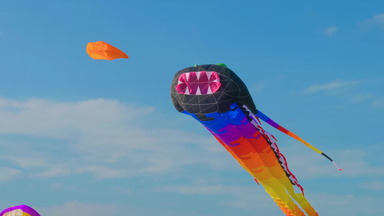 在夏季的户外节日里，五颜六色的风筝在蓝天上飞舞视频下载