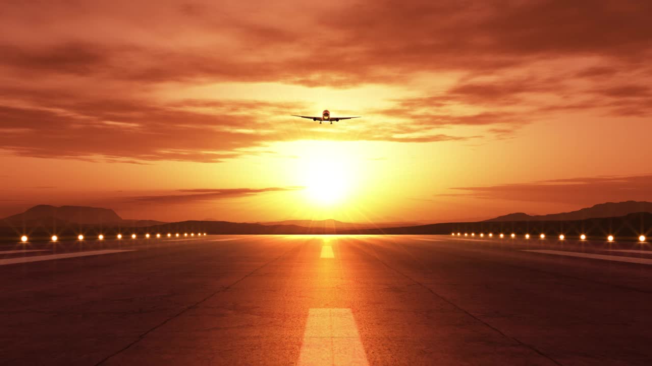 一架飞机在美丽的金色日落中着陆的前视图视频下载