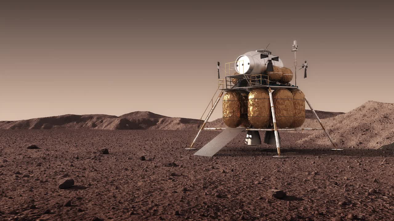火星表面的行星际空间站下降舱的背景是一面美国国旗视频下载