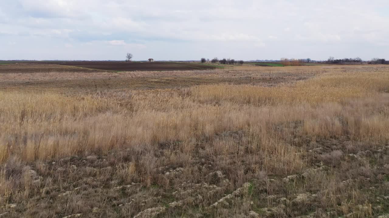 无人机拍摄的田野里废弃农舍的航拍照片视频下载