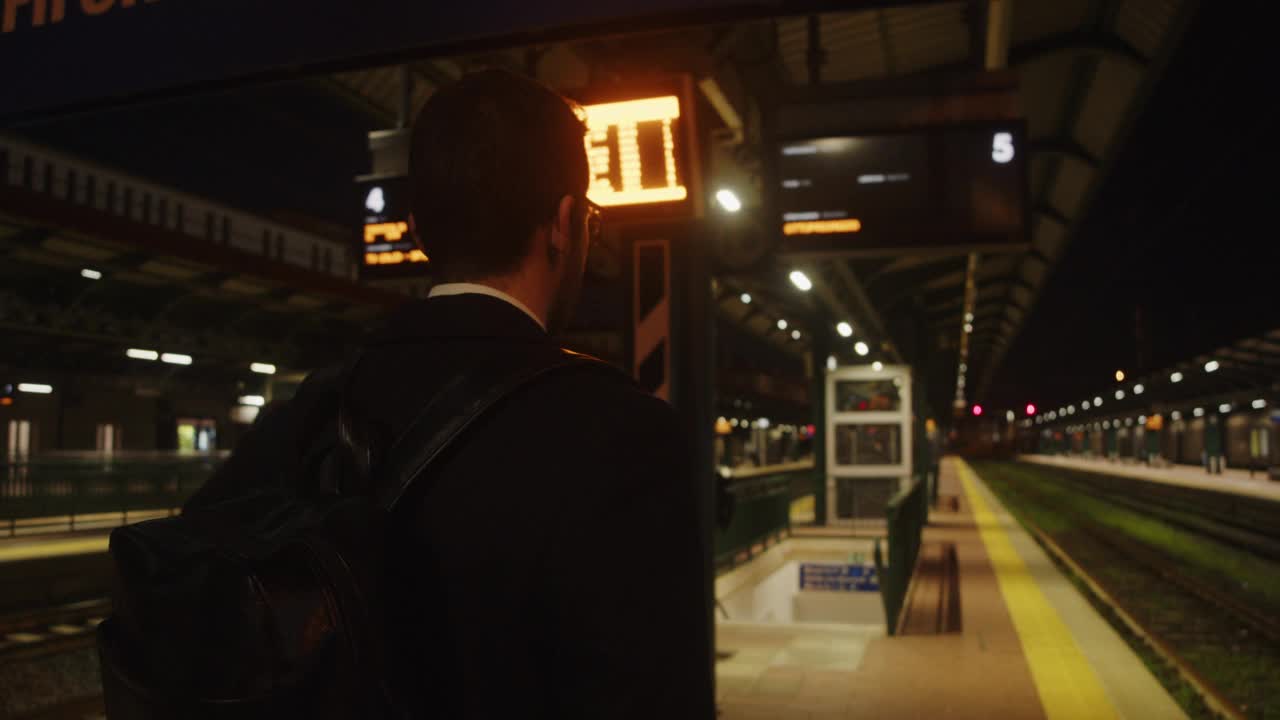 一个年轻的成年商人正在车站看进出站布告牌视频下载
