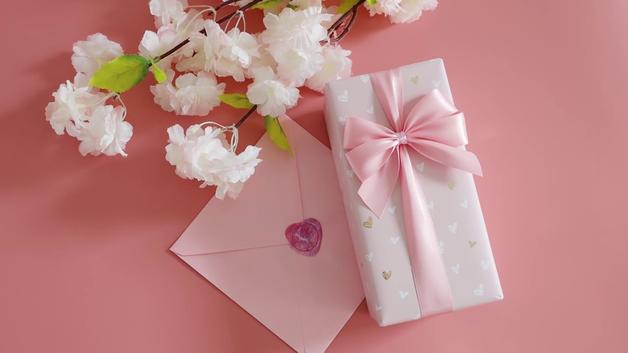 礼品盒，信封和苹果树枝在粉红色的背景。视频下载