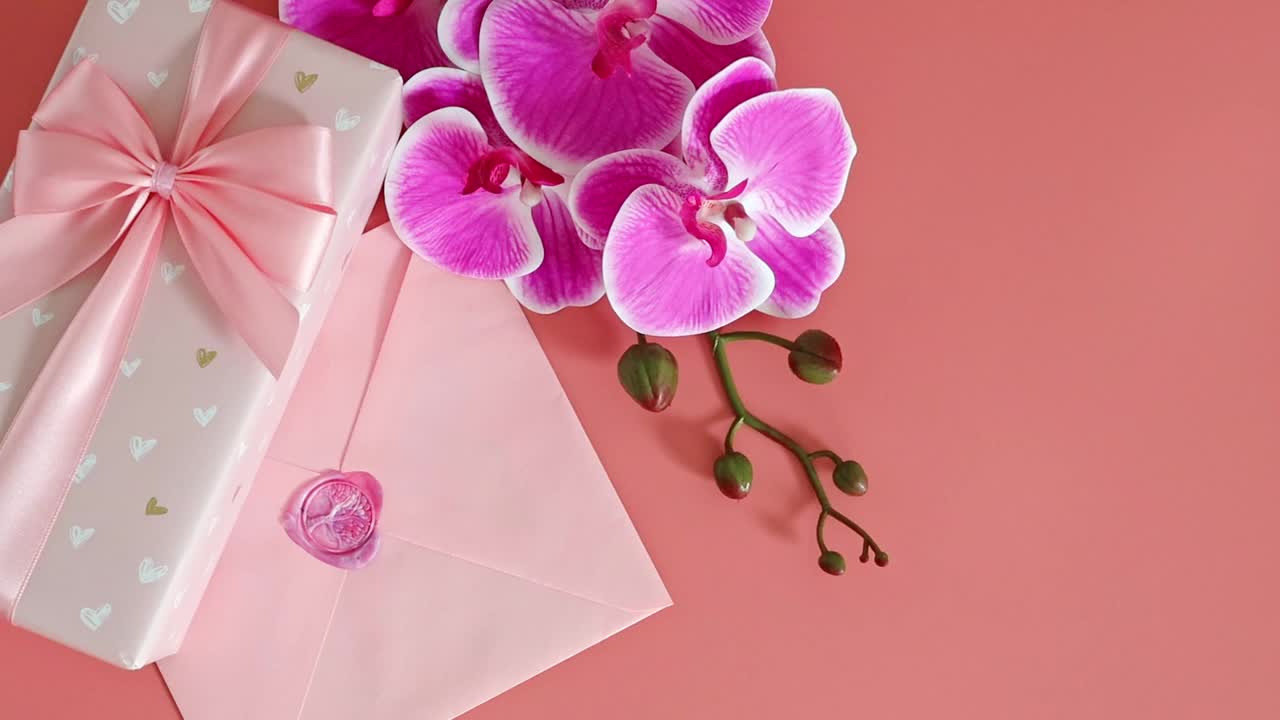礼品盒，信封和兰花枝在粉红色的背景。视频下载
