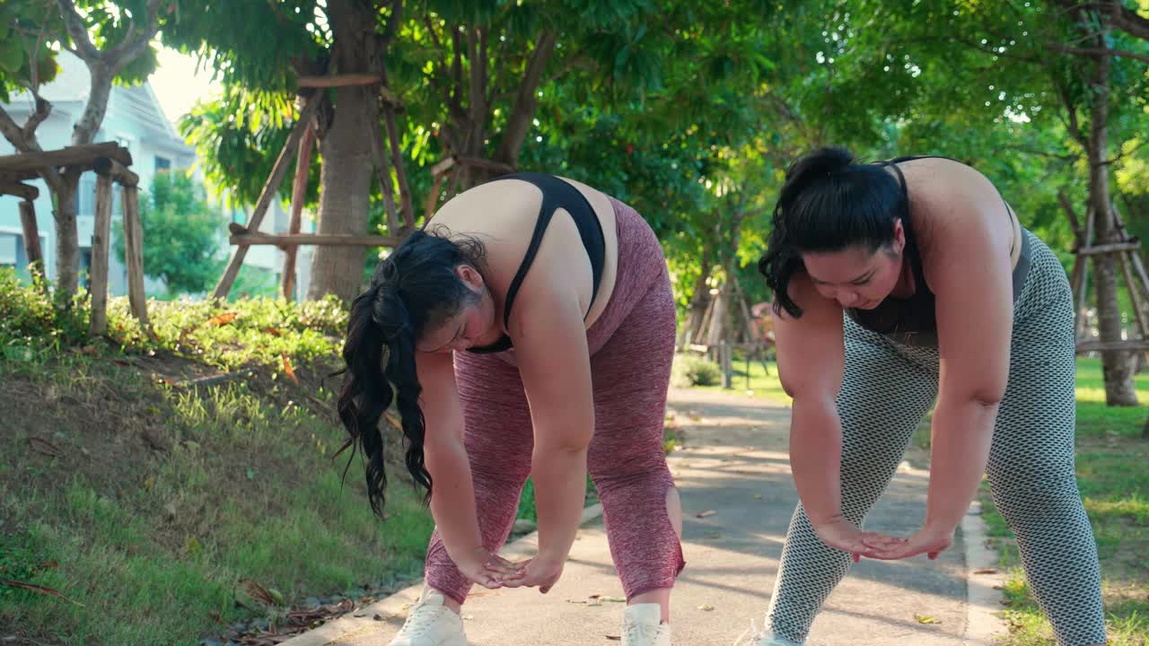 肥胖的两个年轻的亚洲妇女在公园做伸展手臂肌肉，妇女超重热身和锻炼节食和健康，锻炼和动力，过大和挑战，加上尺寸。视频下载
