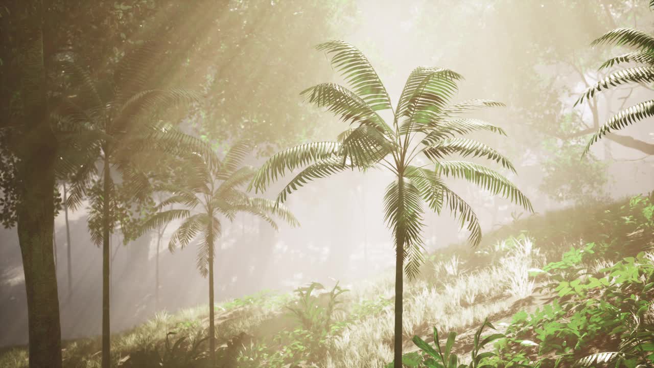 窃窃私语的树冠，茂密丛林中迷人的棕榈树视频下载