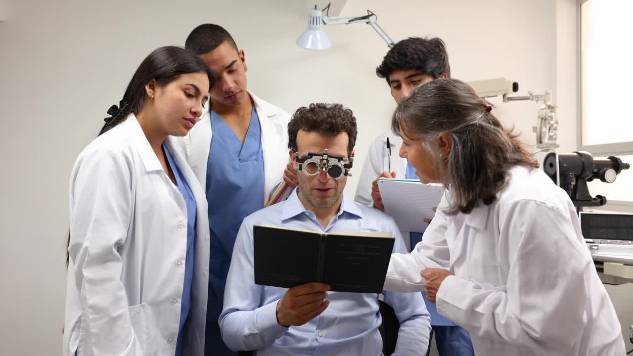 一位拉丁美洲的老师教她的学生如何用不同的仪器给一位男病人做视力检查和对比评估视频下载