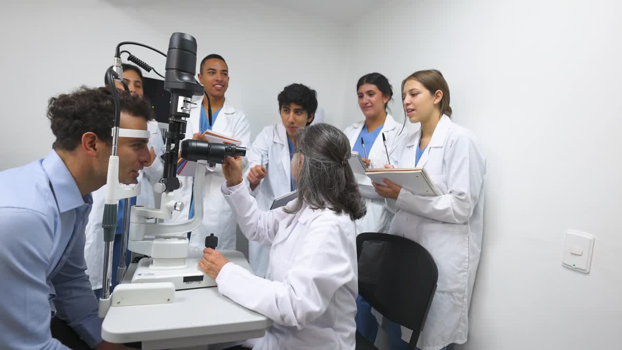 一位拉丁美洲的女教师在给一位男病人检查视力时，向眼科学生解释如何使用视力检查设备视频下载