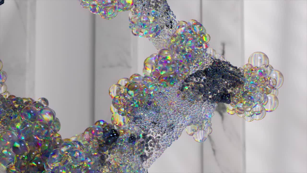 抽象的艺术视频动画与三维运动分散的球基于使用小球体或气泡粒子的彩虹渐变的颜色在浅色背景上视频下载