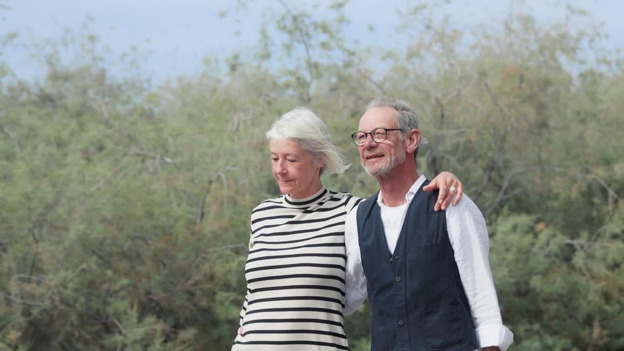 一对老年夫妇在阳光明媚的假期里，手挽着手，精力充沛地散步。视频下载