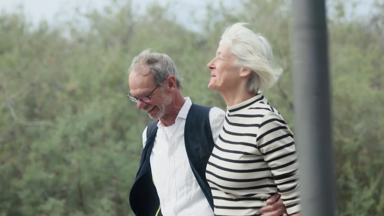 老年夫妇手挽着手一起散步，玩得很开心。视频下载