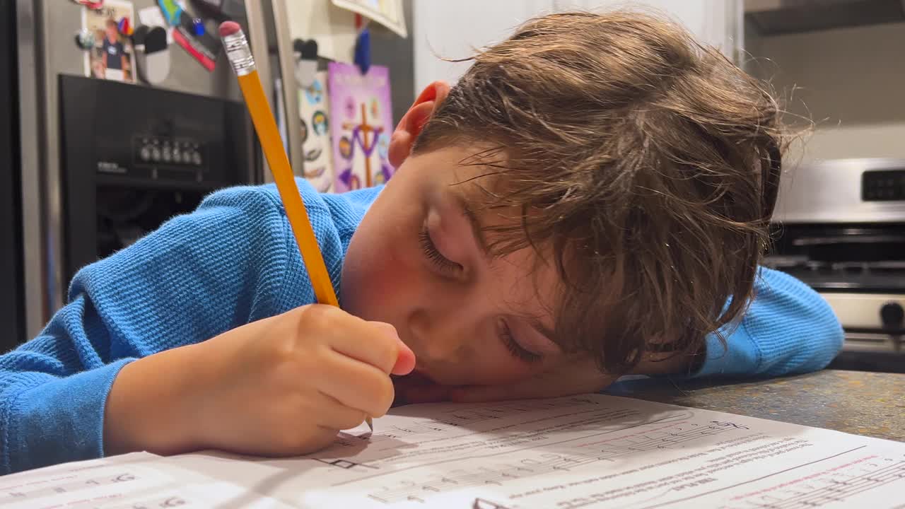 小男孩在家厨房做作业视频下载