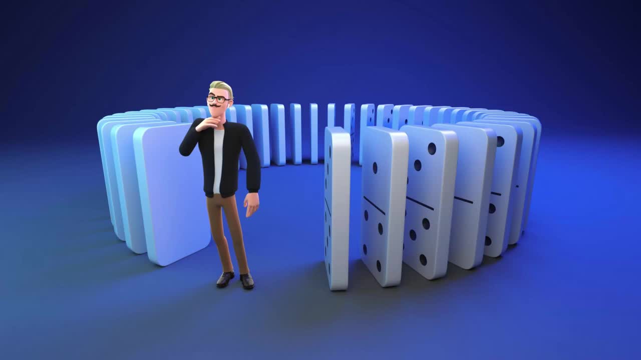 一个人推多米诺骨牌的3d动画。概念的概念。视频下载