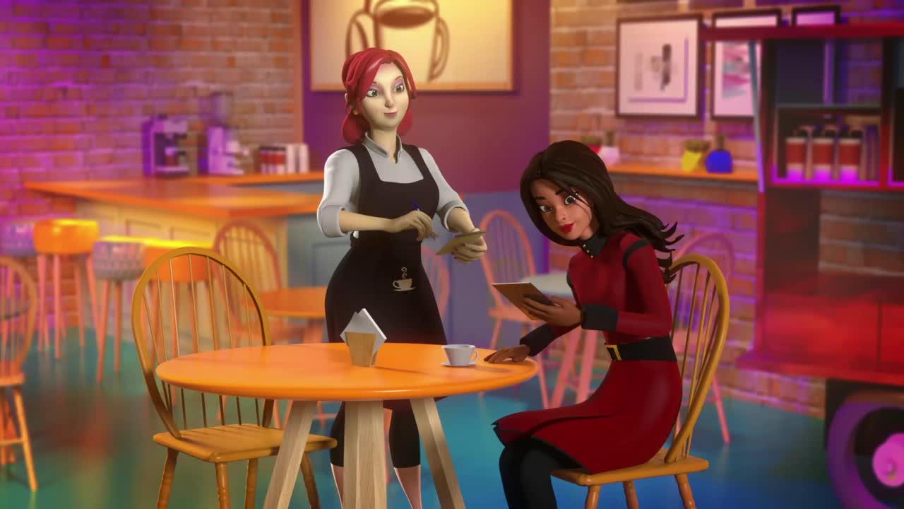 咖啡馆里服务员点菜的场景。3d动画卡通人物。视频下载