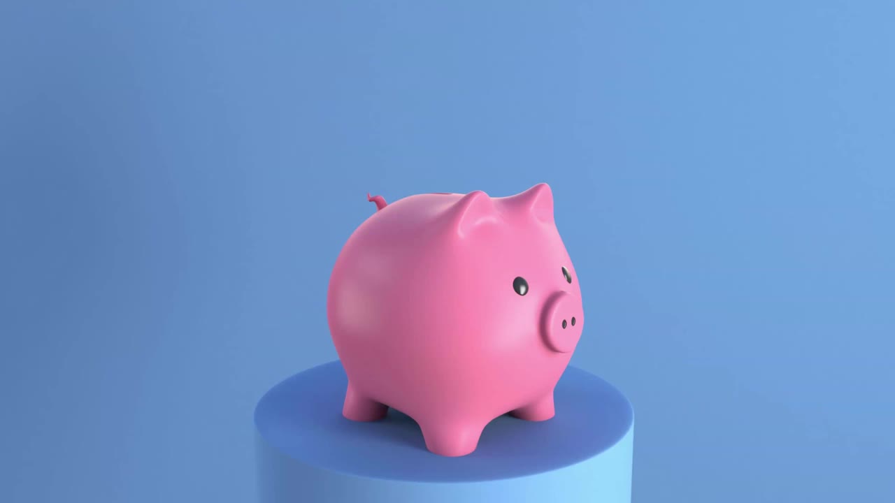 一只手把硬币扔进猪形状的存钱罐里。3d动画卡通人物。视频下载
