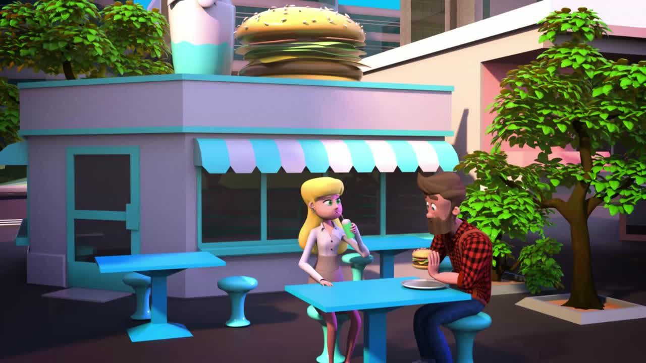 一对夫妇在户外餐馆吃快餐。3d动画卡通人物。视频下载