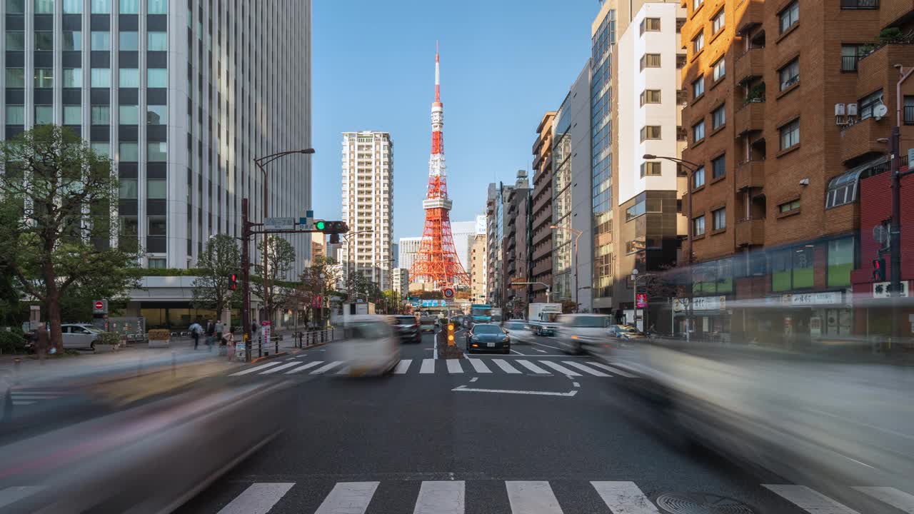日本东京日间街道交通的延时视图，缩小视频素材
