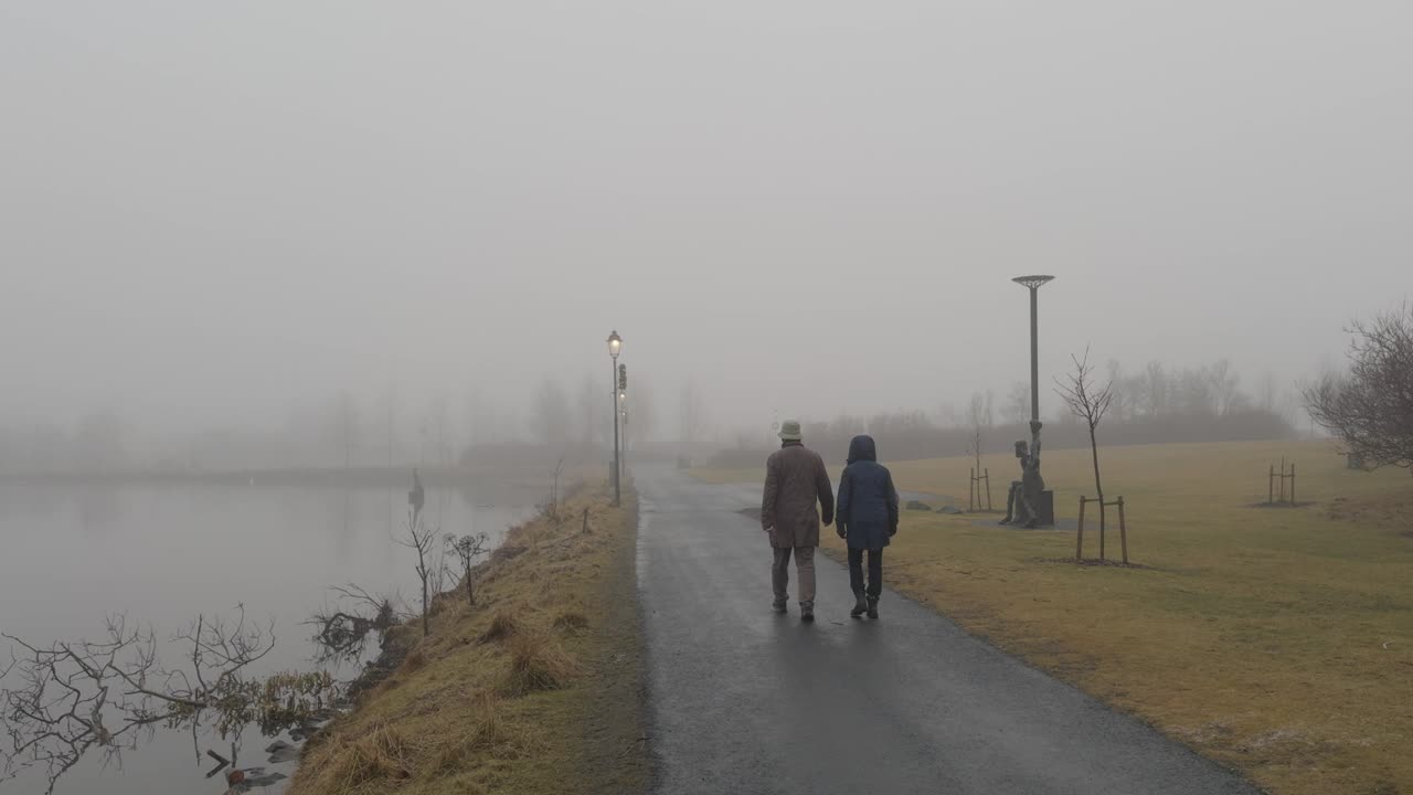冰岛雷克雅未克，一对老夫妇漫步在雾蒙蒙的小路上视频下载
