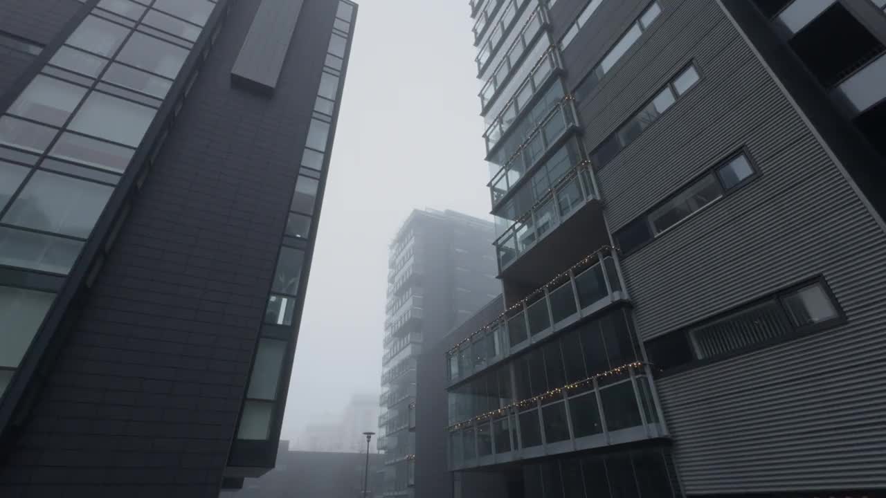 现代公寓大楼消失在浓雾中，冰岛雷克雅未克，POV视频下载